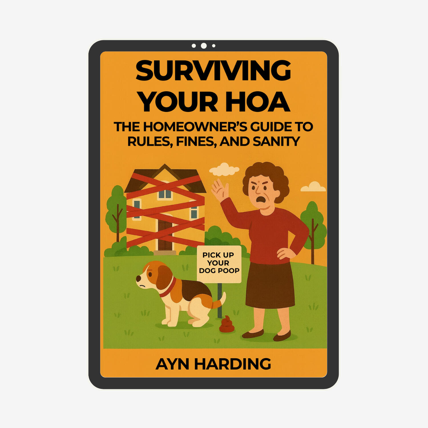 HOA violation guide ebook by Ayn Harding shown on tablet
